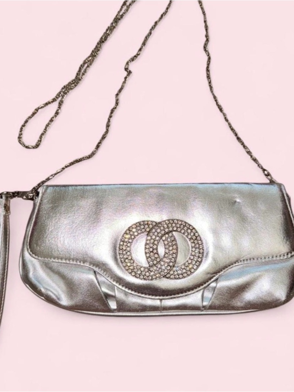 Silver Metallic Rhinestone Clutch Crossbody Bag Y2K